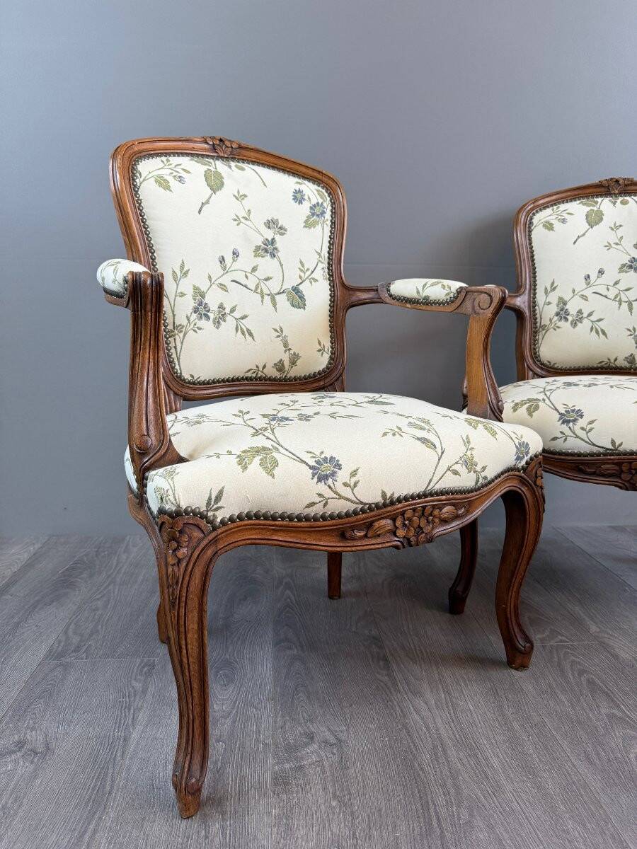 Pair of Louis XV Style Armchairs and Two Footstools, 19th Century