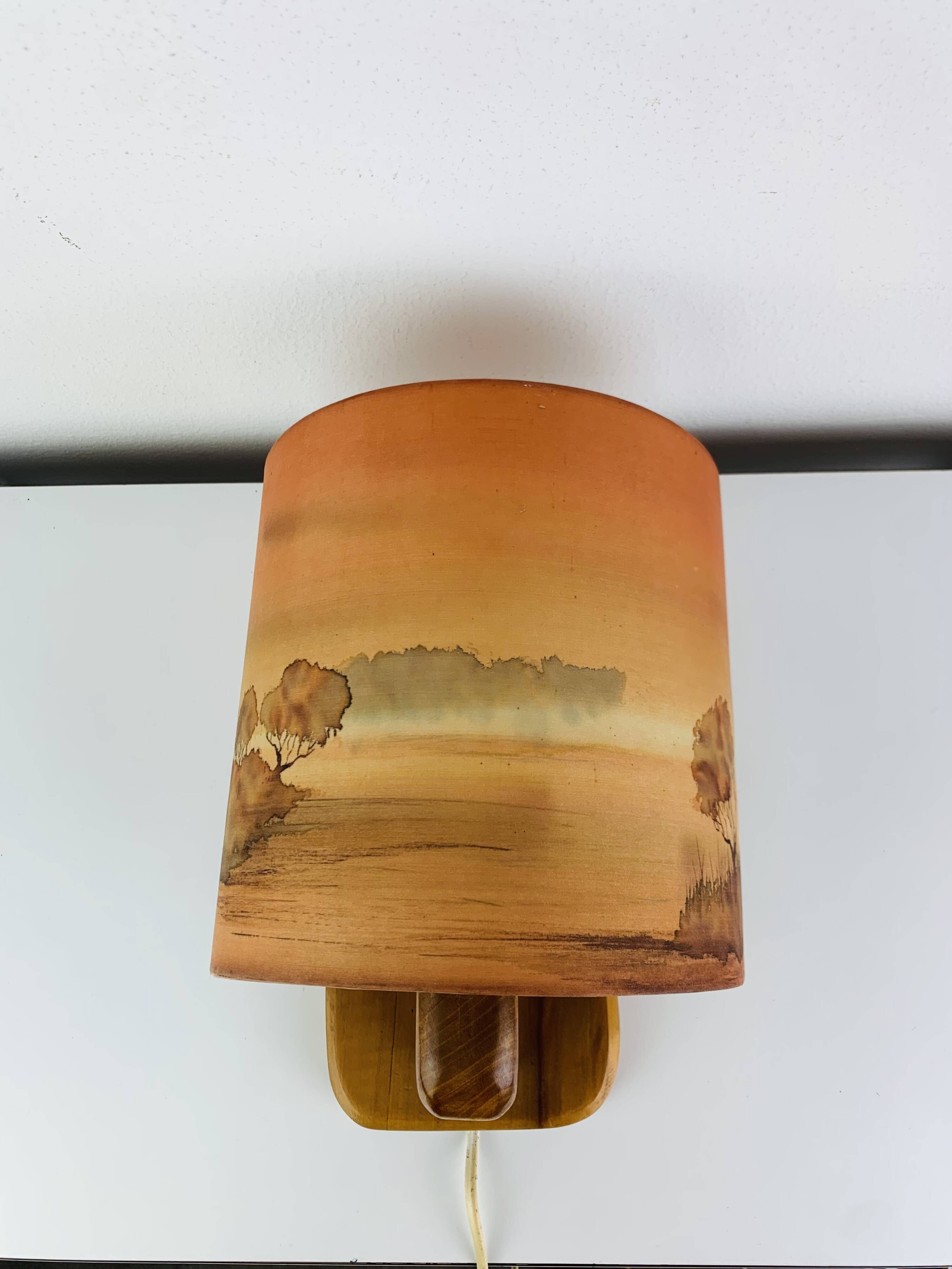 Wooden wall lamp and silk lampshade, vintage, 1960s.