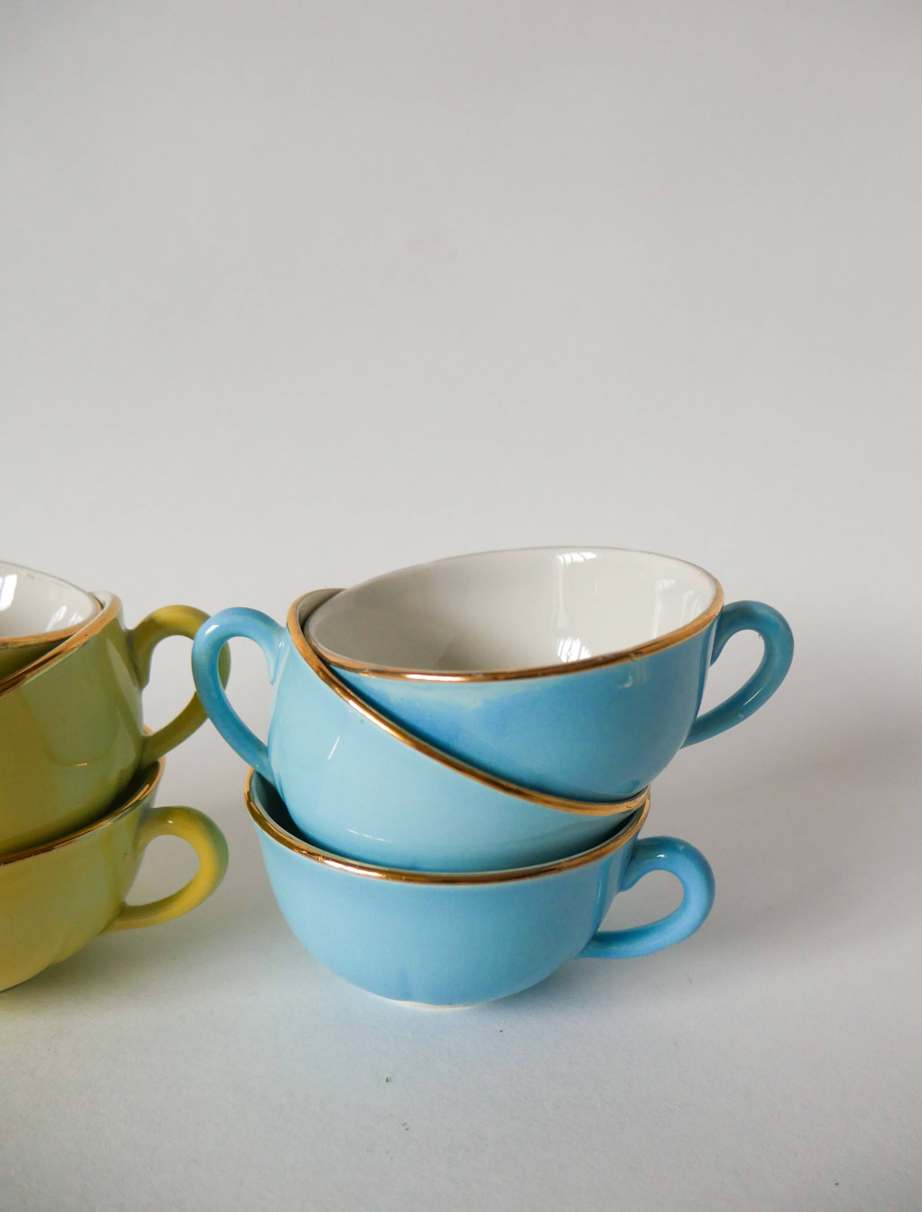 Set of 6 coffee cups fb badonviller pastel yellow green blue 1950
