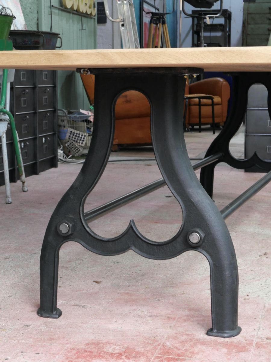 Industrial table solid oak tray and cast-iron footing