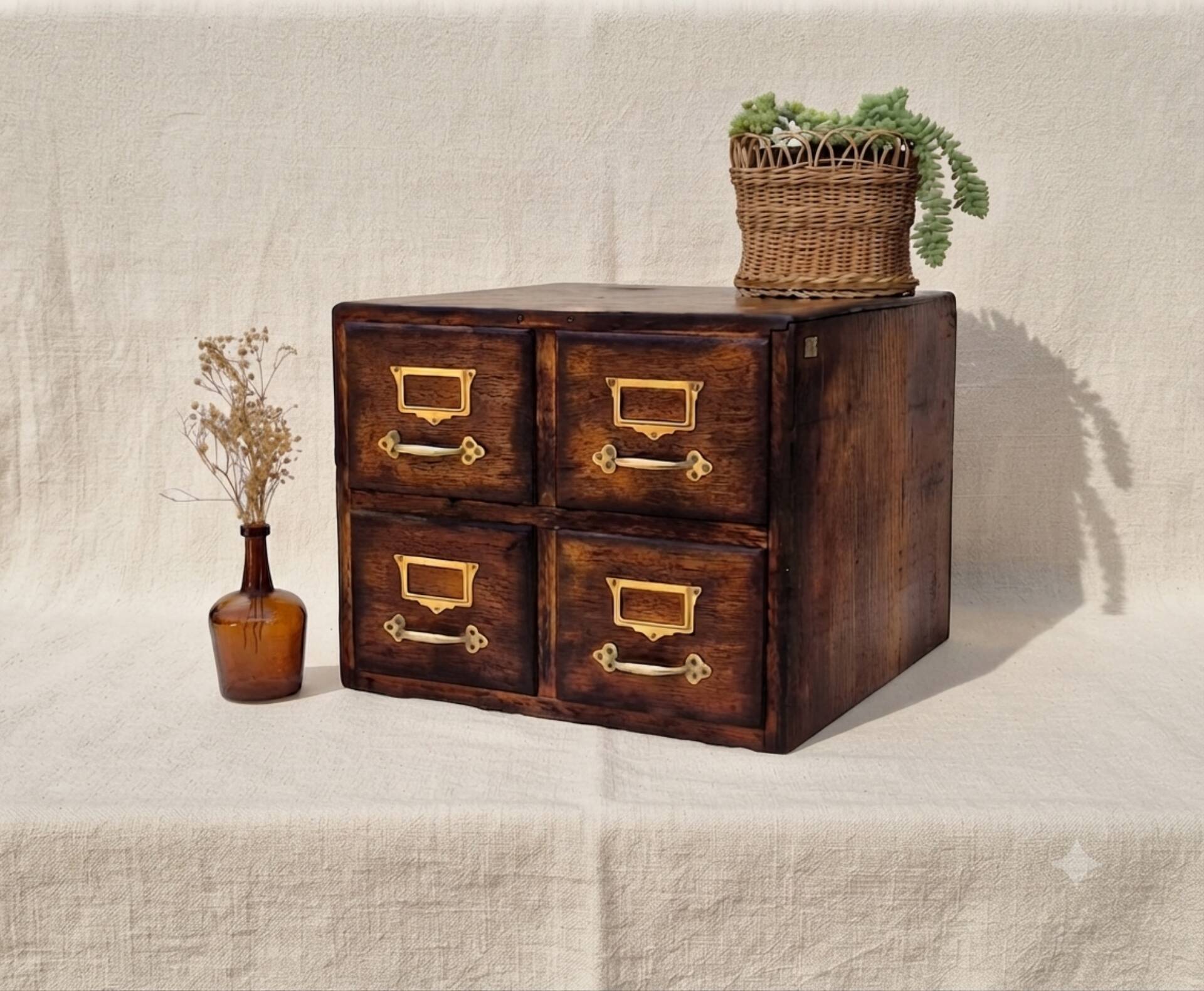 Workshop furniture made of oak and brass.