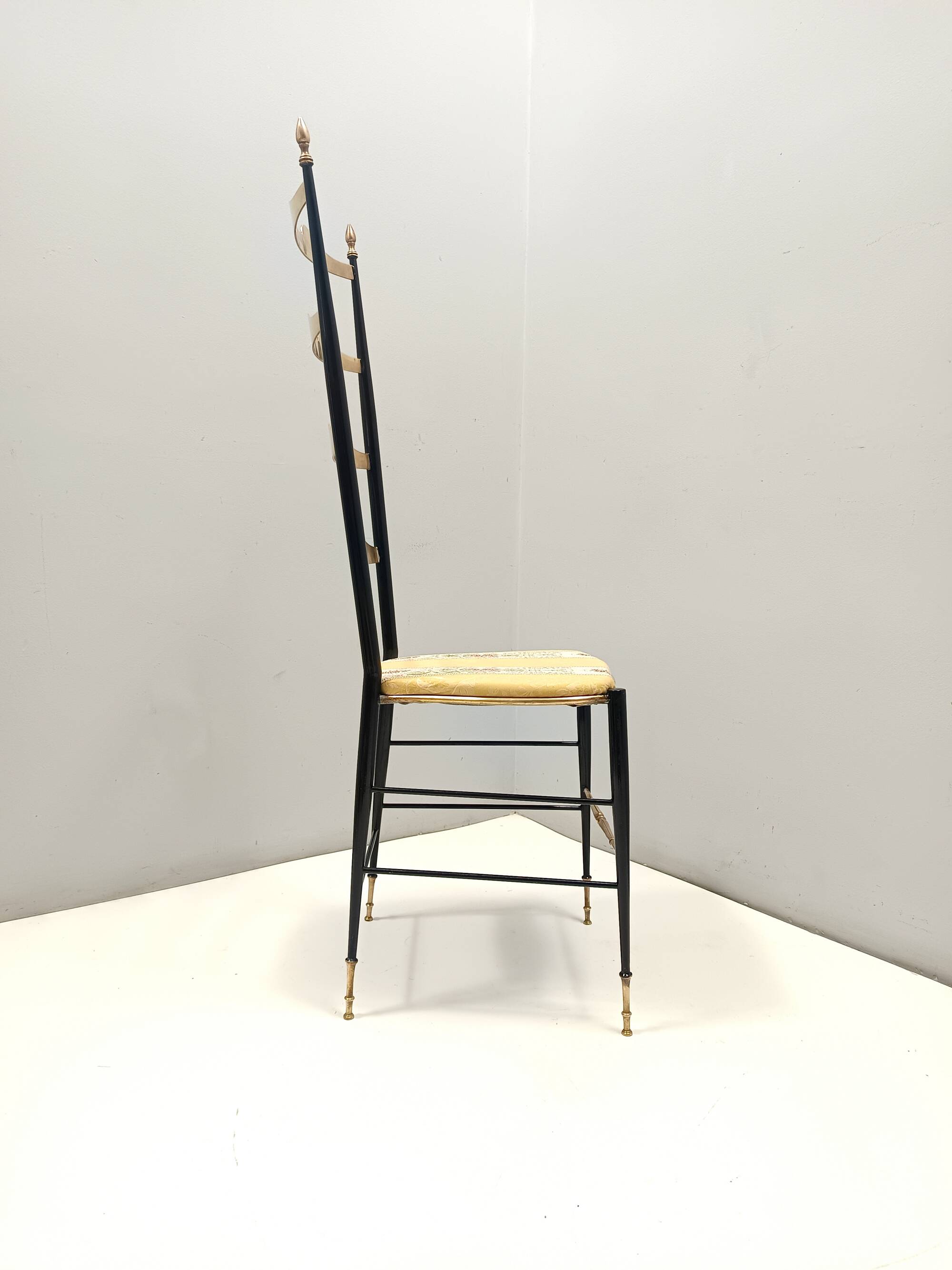 Pair of Vintage Brass and Metal Chiavarine Chairs with Yellow Fabric, Italy