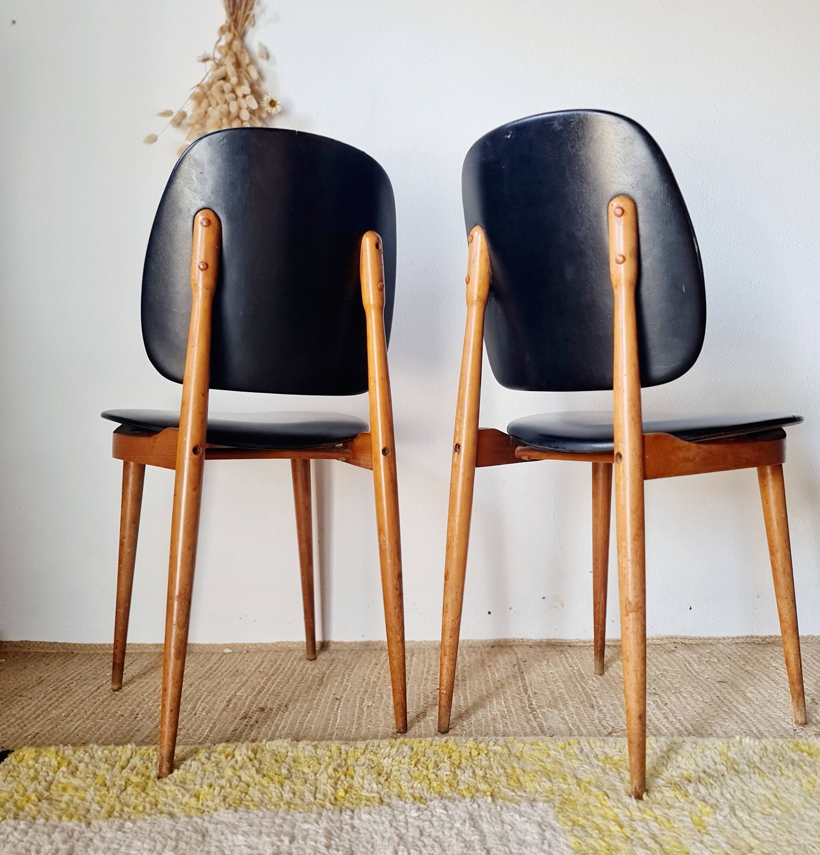Pair of vintage 1960 chairs – Tapered legs & Black faux leather