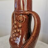 Vintage Amphora Vase: Large Brown Glazed Pottery with Grape Motif