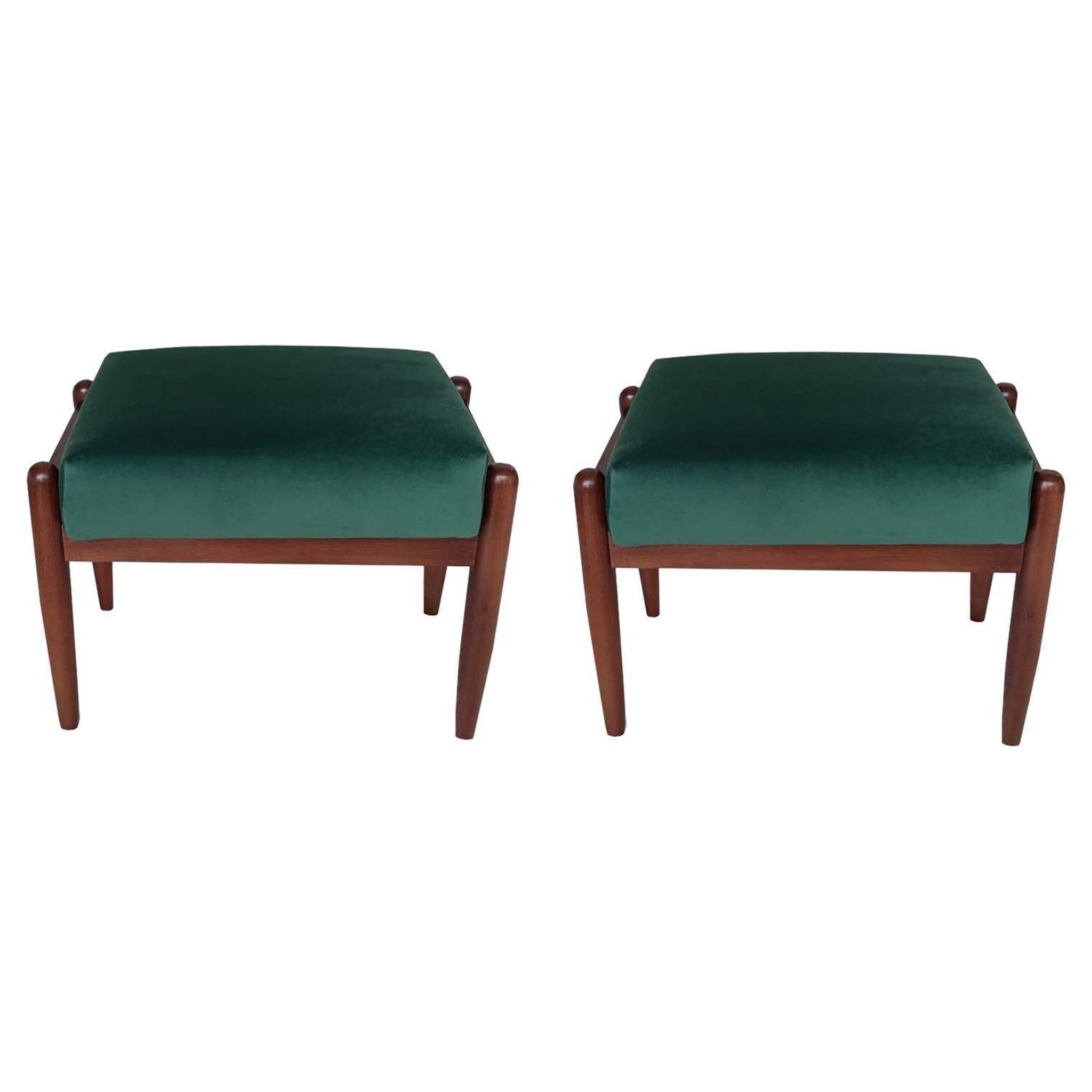 Pair of vintage green velvet stools, mid-century, Edmund Homa, 1960s