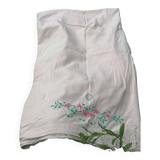 Hand embroidered sheet pink flowers green foliage