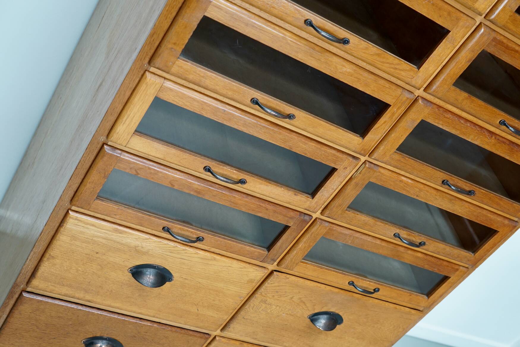 English Haberdashery Shop Cabinet with Glass Fronted Drawers, Circa 1930s