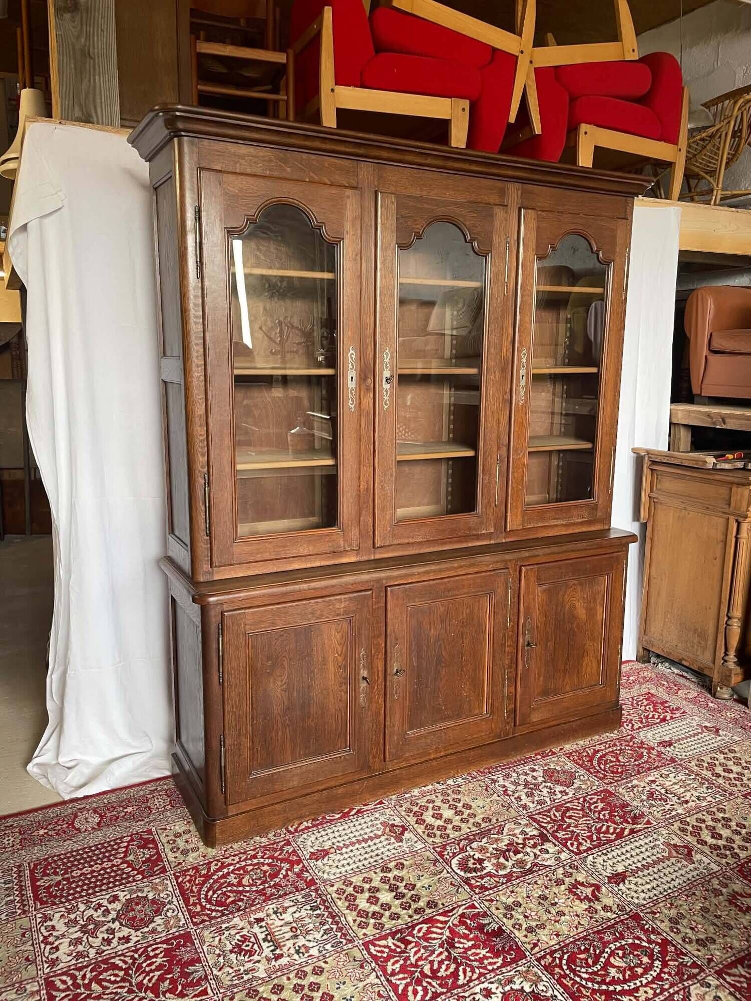 Large antique two-body library in solid oak – 3 glass doors