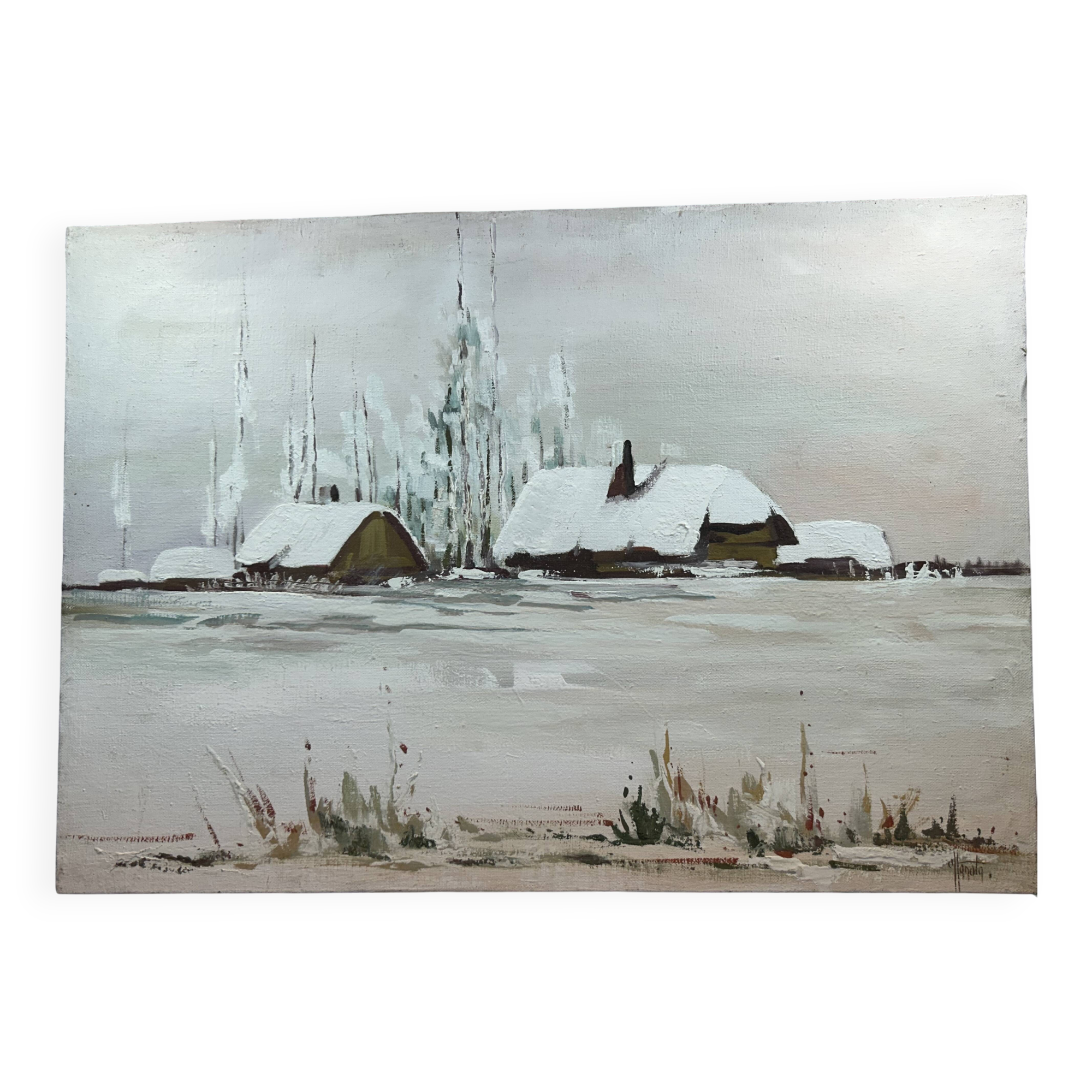 Oil on canvas "Brière under the snow" signature to be identified