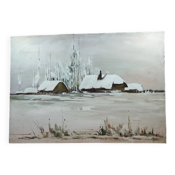 Oil on canvas "Brière under the snow" signature to be identified
