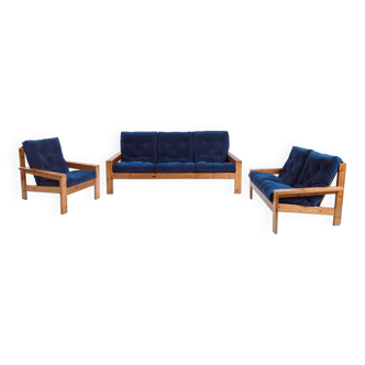 Ensemble 2 canapés et fauteuils lounge vintage en pin avec joints visibles à la manière d'Ate van Apeldoorn, 1970