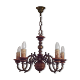 Heavy French Vintage 5 Light Mid Century Chandelier In Wood And Bronze
