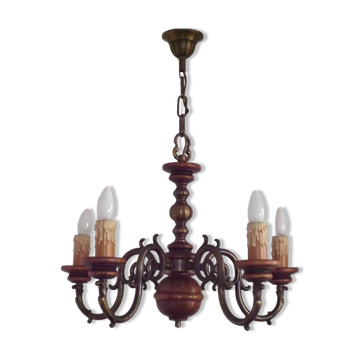 Lustre français à 5 lumières en bois et en bronze, milieu du siècle