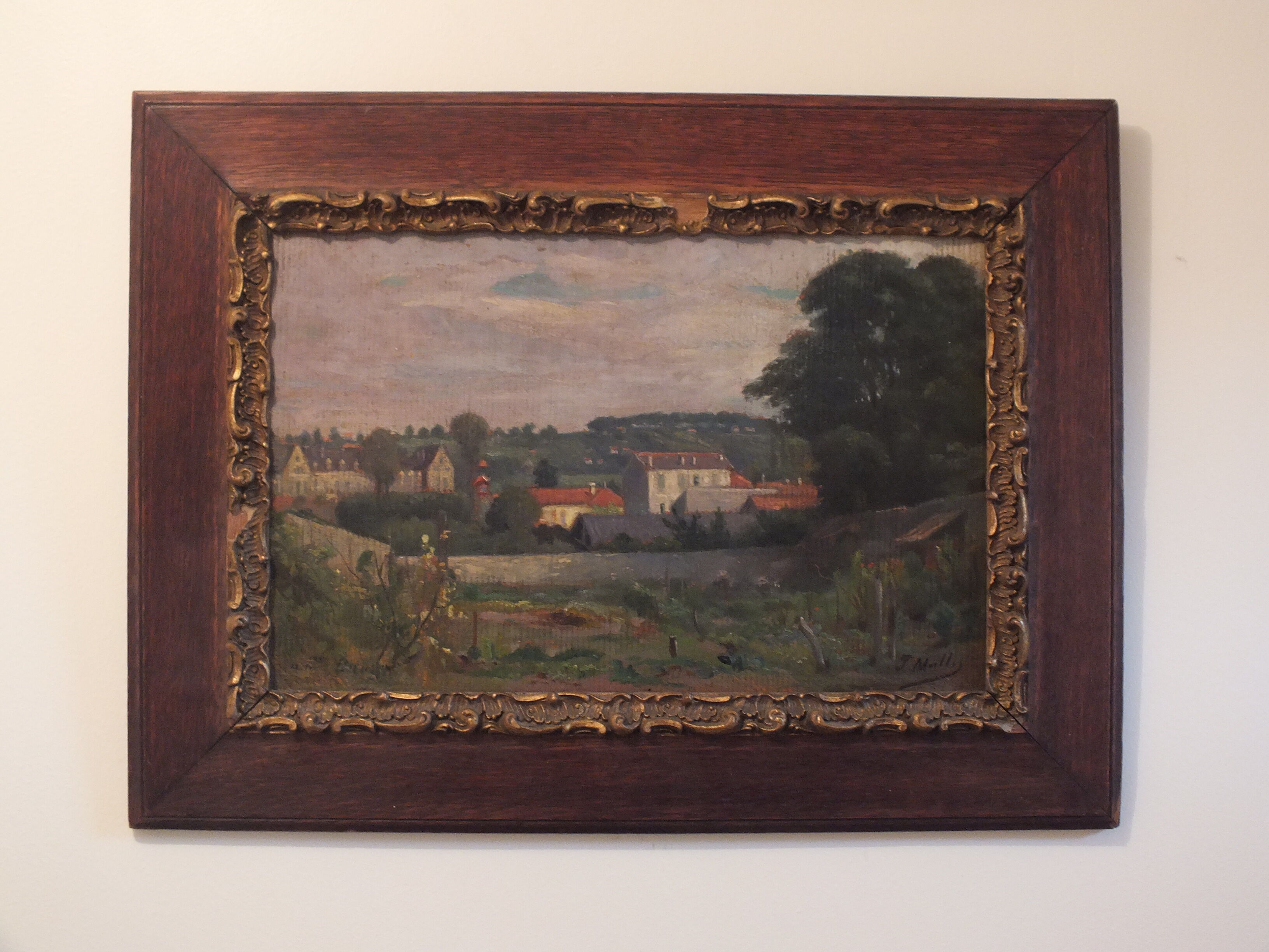 Oil painting on framed landscape panel signed J or F Muller