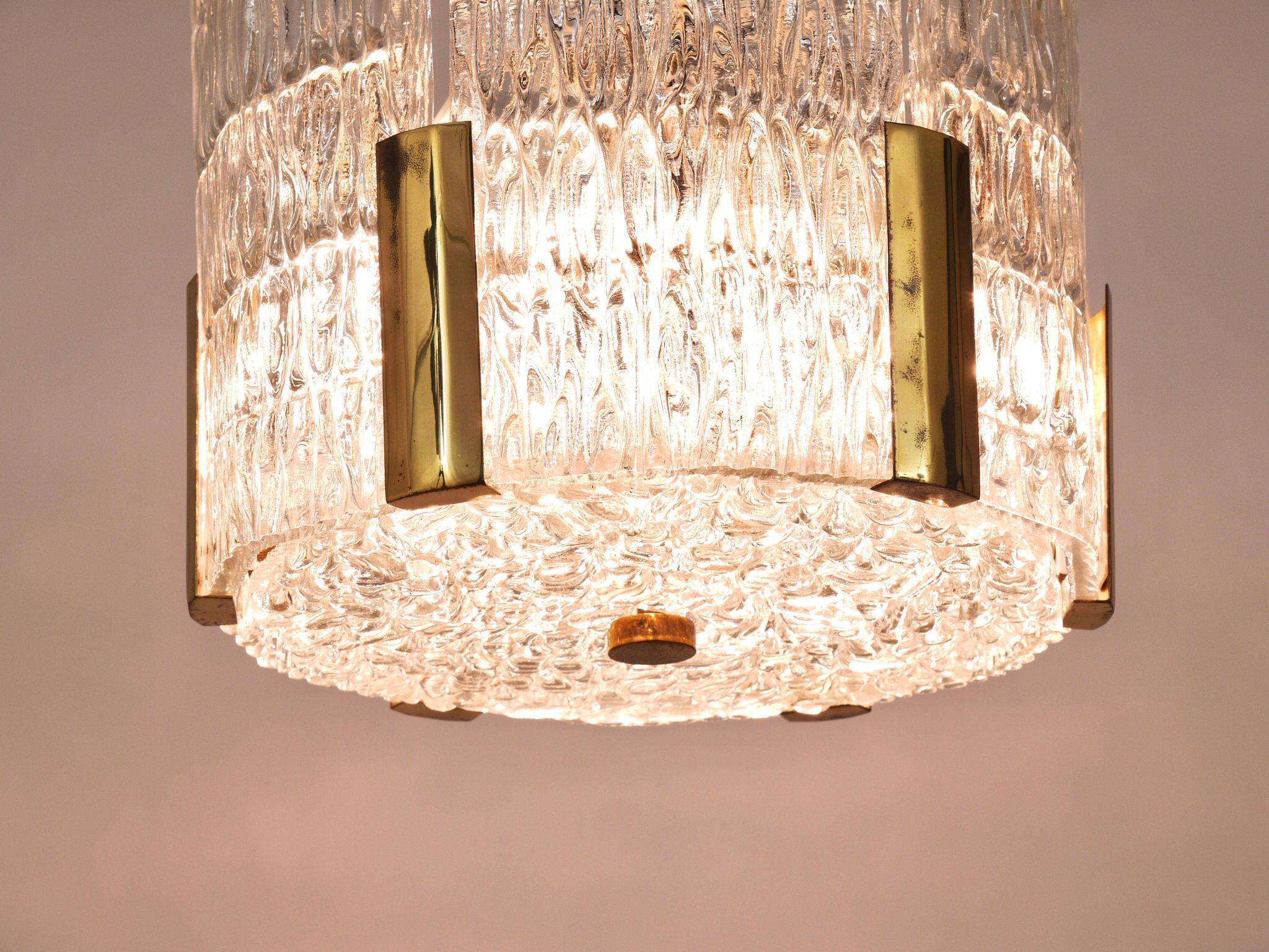 Kalmar Suspension Tambour Drum, Brass, Frosted Textured Glass, Austria, 1960s