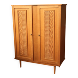 Vintage 70s rattan, wicker, and oak wardrobe