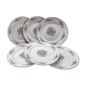 Set of 6 flat plates with small flowers.