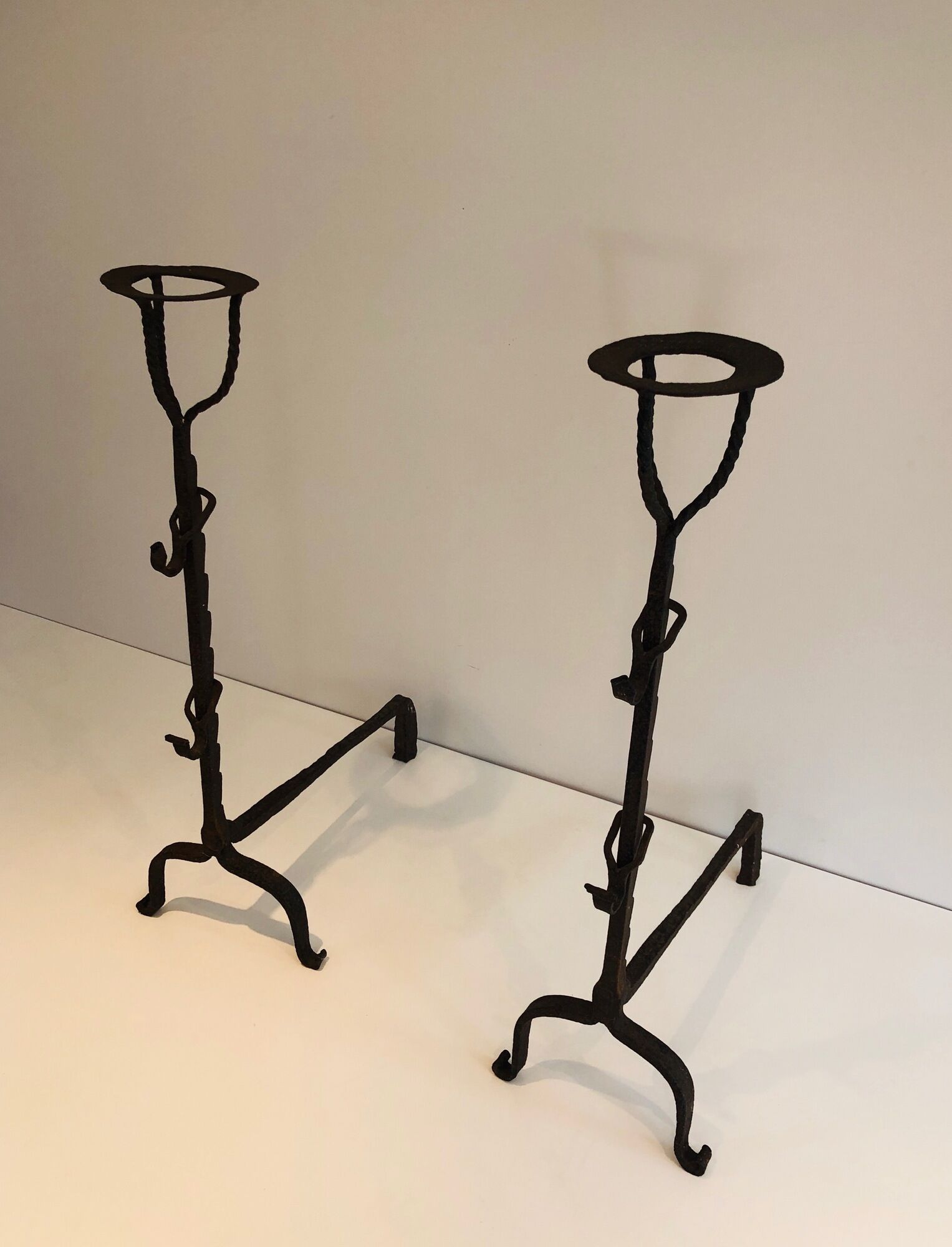 Pair of wrought iron landiers. french work ,seventeenth century
