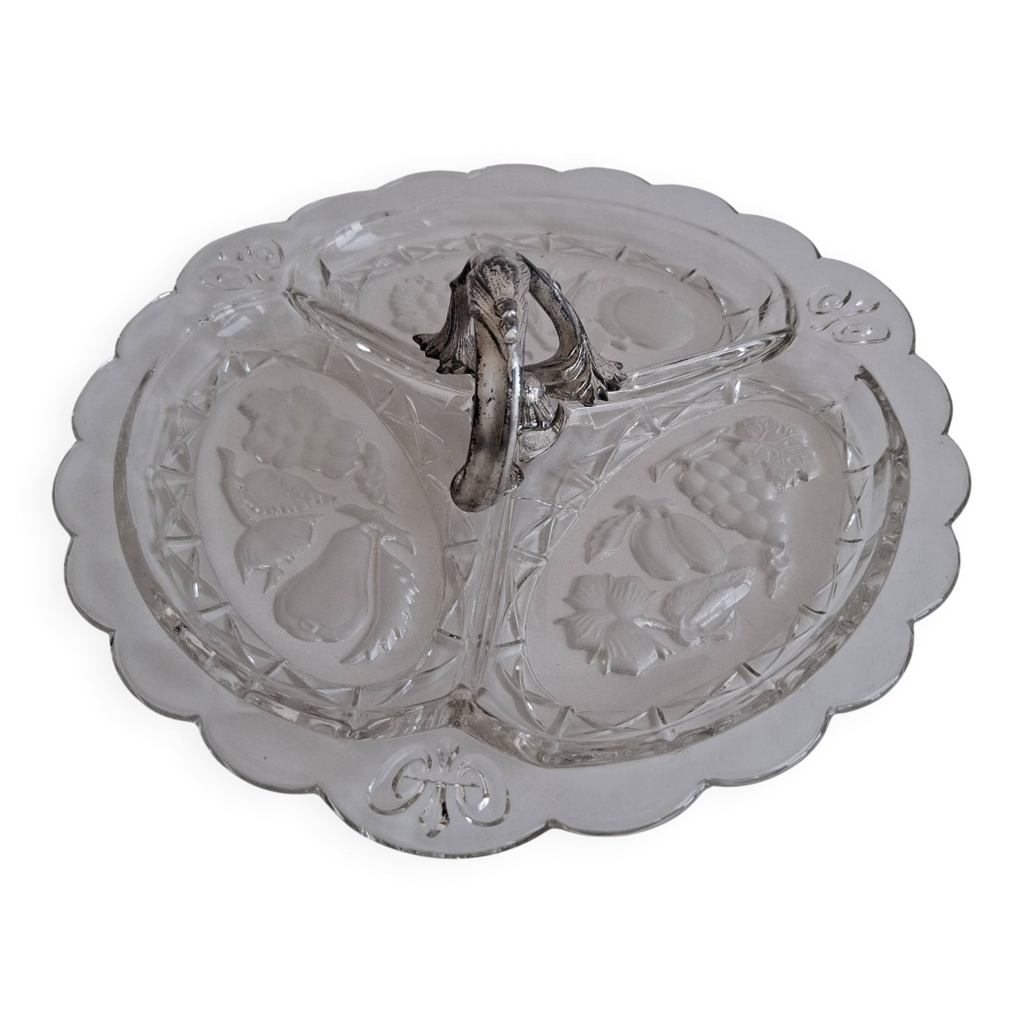 Art Deco Pressed Glass Divided Serving Dish with Alpaca Handle, 1930