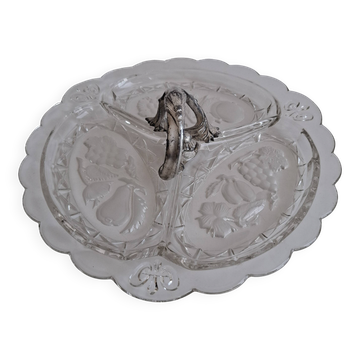 Art Deco Pressed Glass Divided Serving Dish with Alpaca Handle, 1930