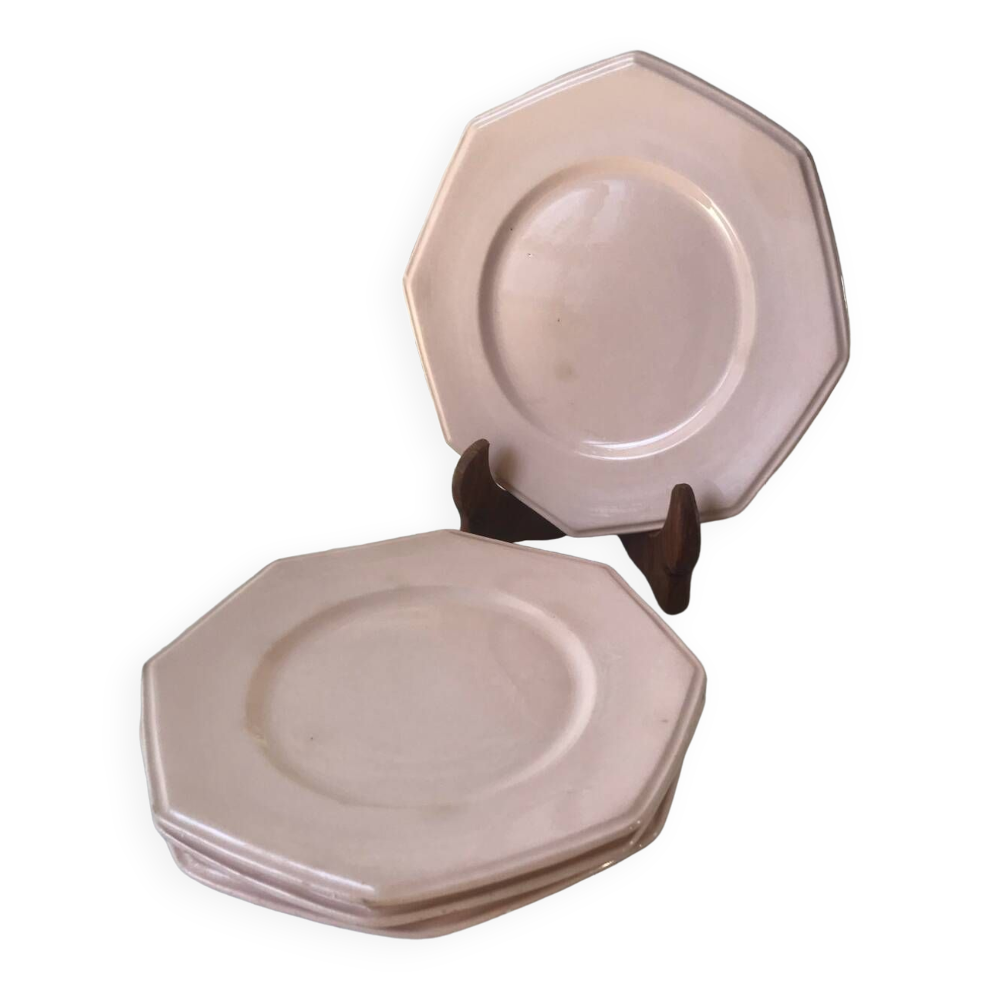 Lot de 4 assiettes à dessert octogonales roses pâles années 50