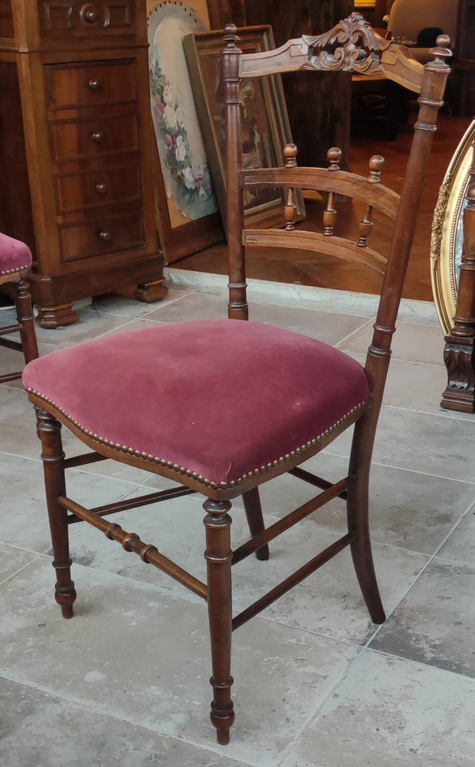 Pair of old velvet chairs in old rose carved wood