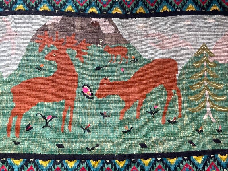 Romanian vintage rug with deers, nature scenery