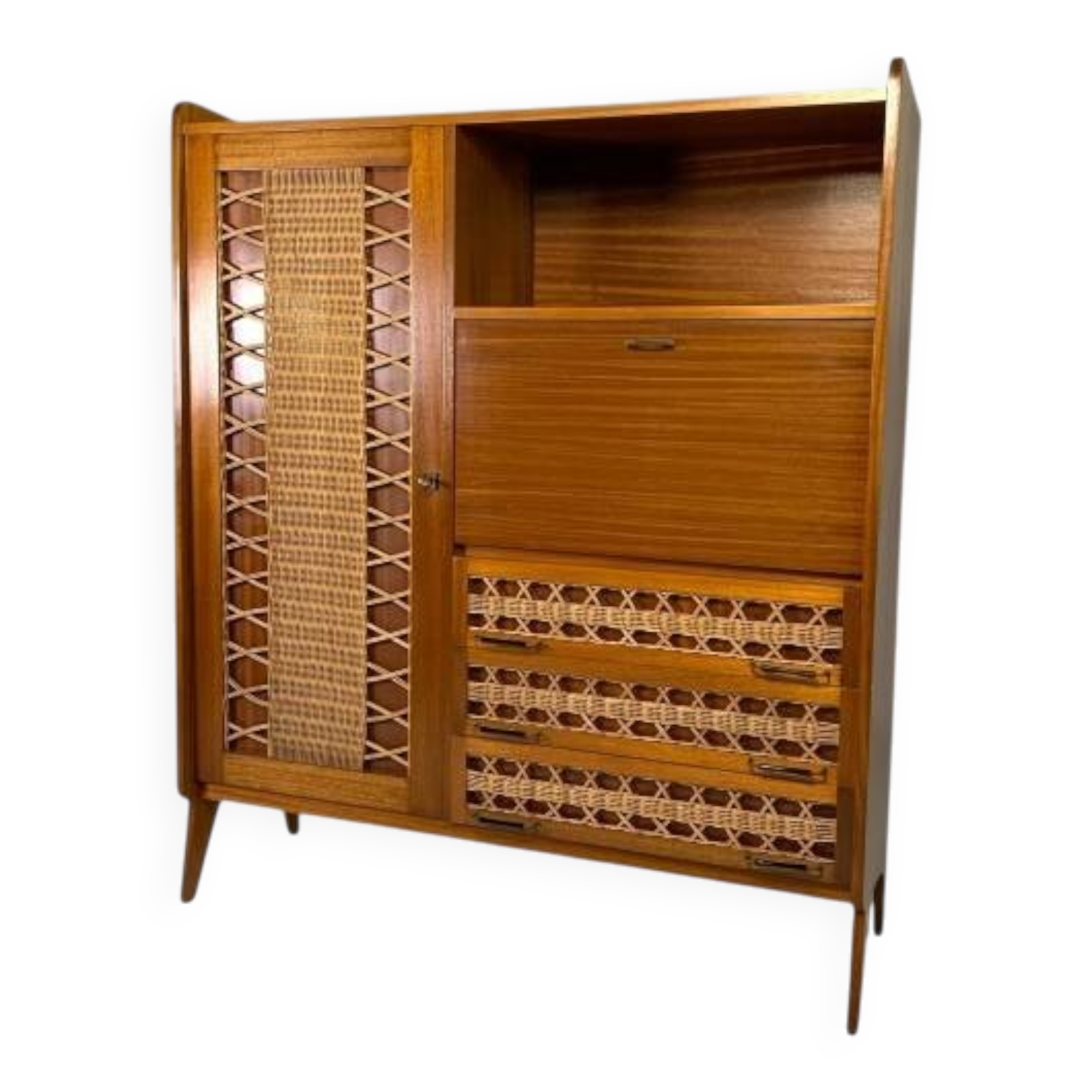 Vintage buffet, rattan and wood secretary from the 1960s.