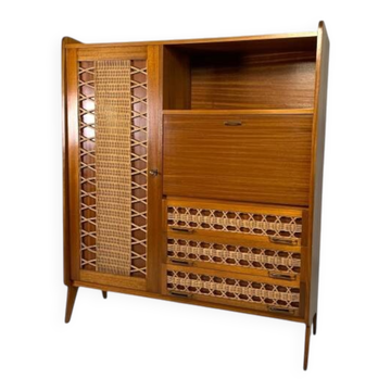 Buffet vintage, secrétaire en rotin et bois 1960s
