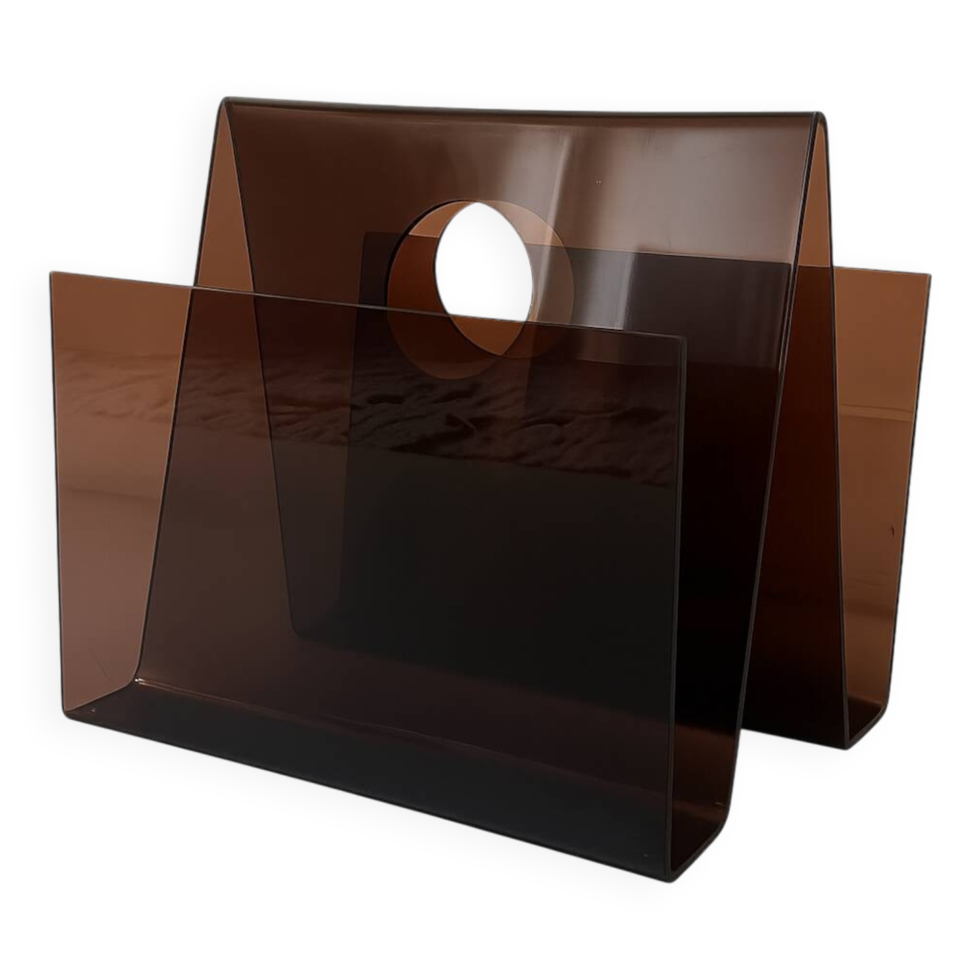 Vintage magazine rack in smoked plexiglass, Italian design from the 70s