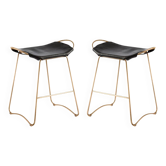 Pair of contemporary kitchen bar stools in brass metal and black leather Sample
