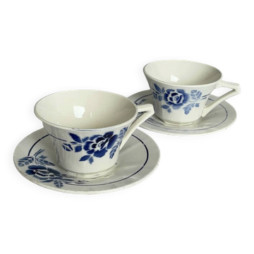 Vintage Saint-Amand earthenware cup with saucer | Blue floral earthenware