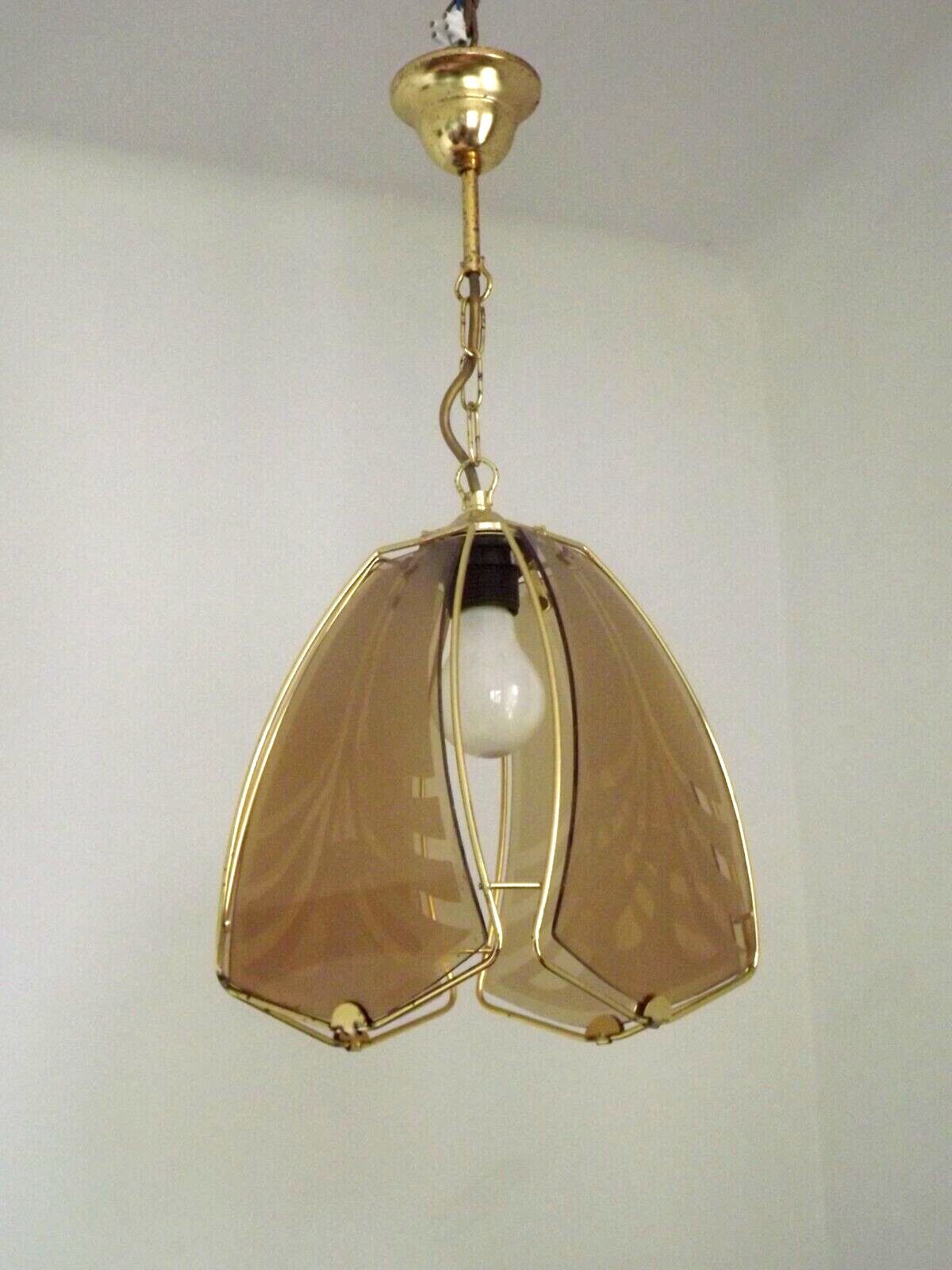 French ceiling light in gold metal with 4 decorative glass panels.
