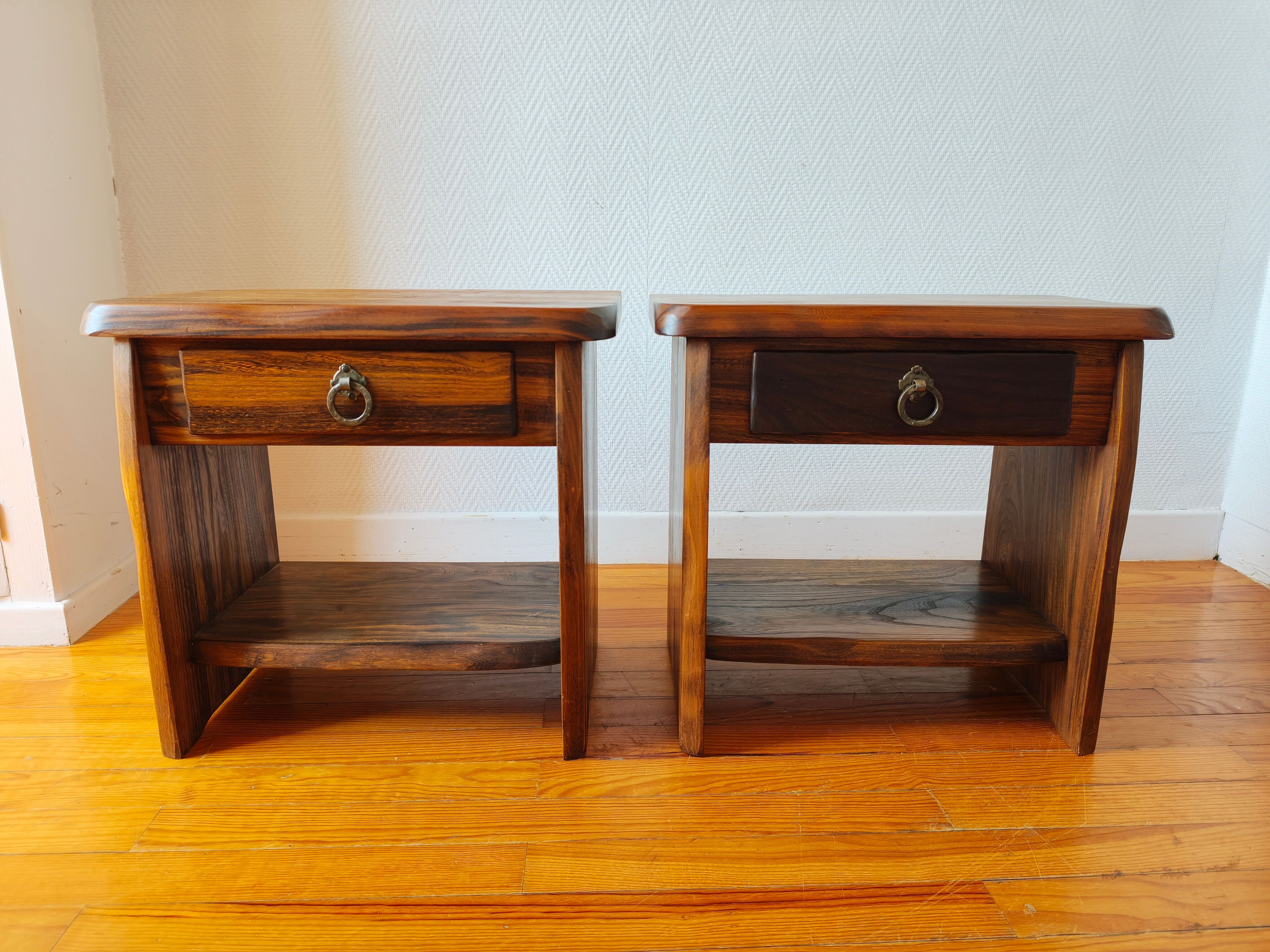 Pair of solid elm bedside tables, France 1970.