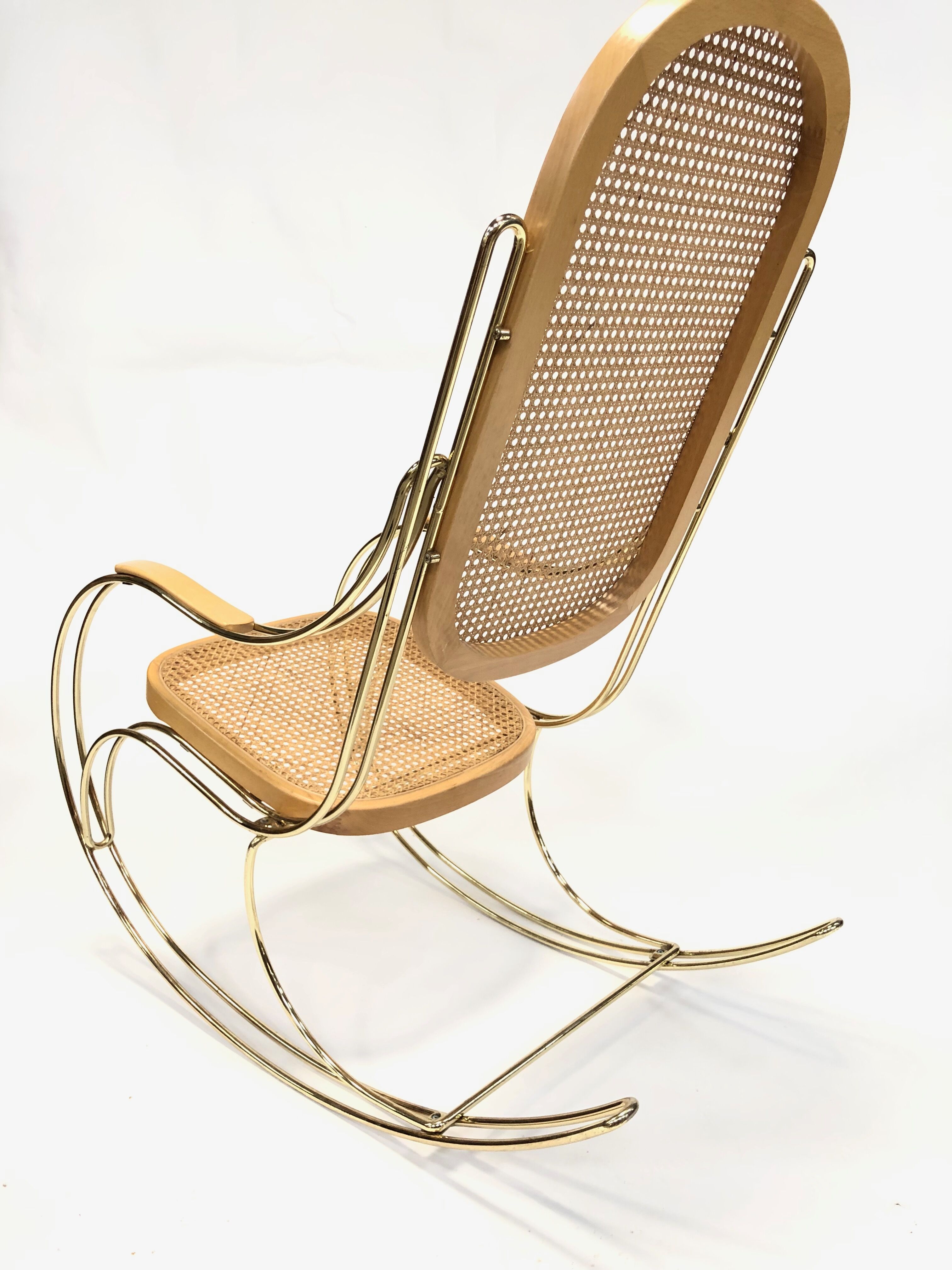 Vintage brass curved wooden rocking chair