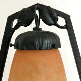 Charles SCHNEIDER art nouveau desk lamp, in glass with signature and hammered metal