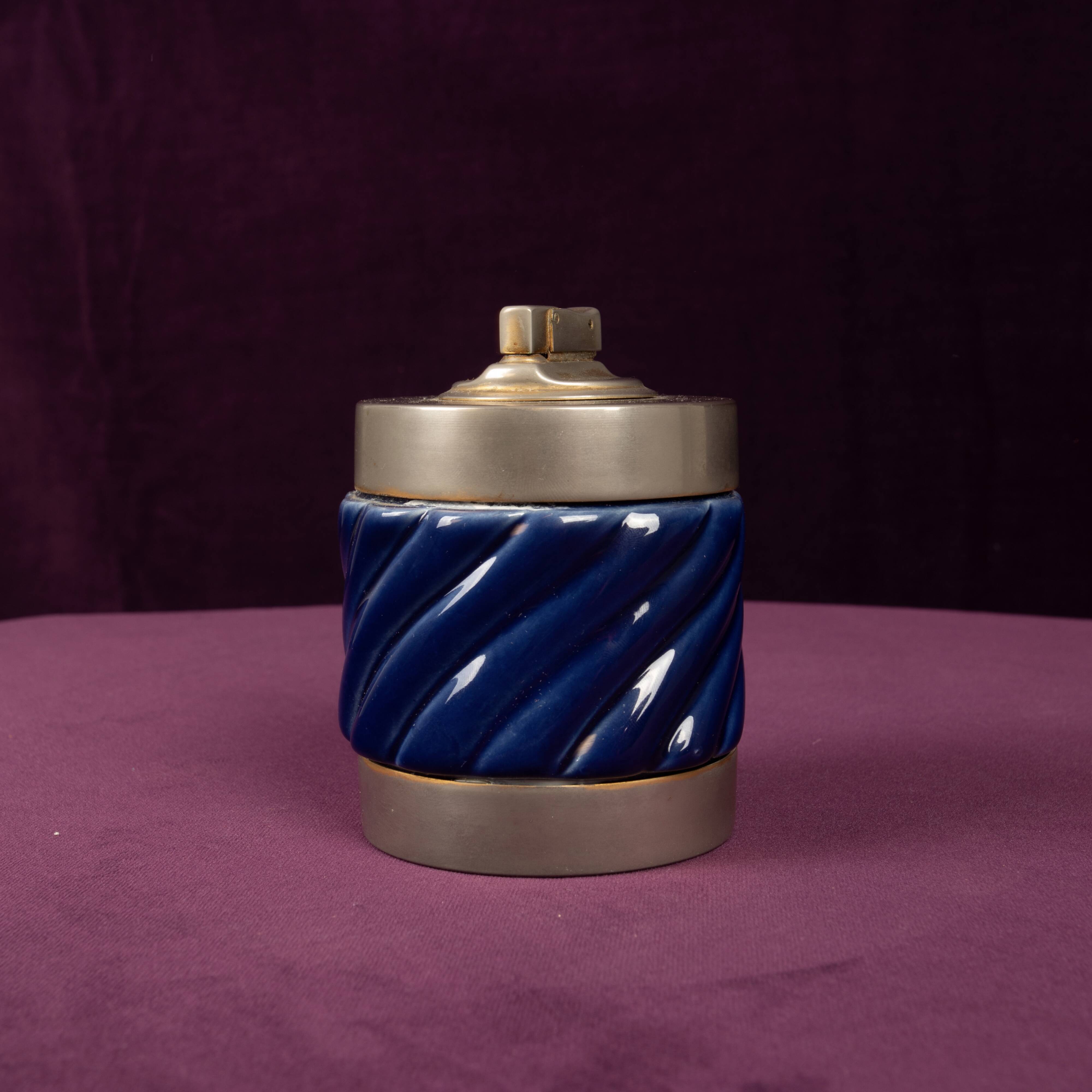 Tommaso Barbi Blue Glazed Ceramic and Brass-Toned Metal Table Lighter, 1970