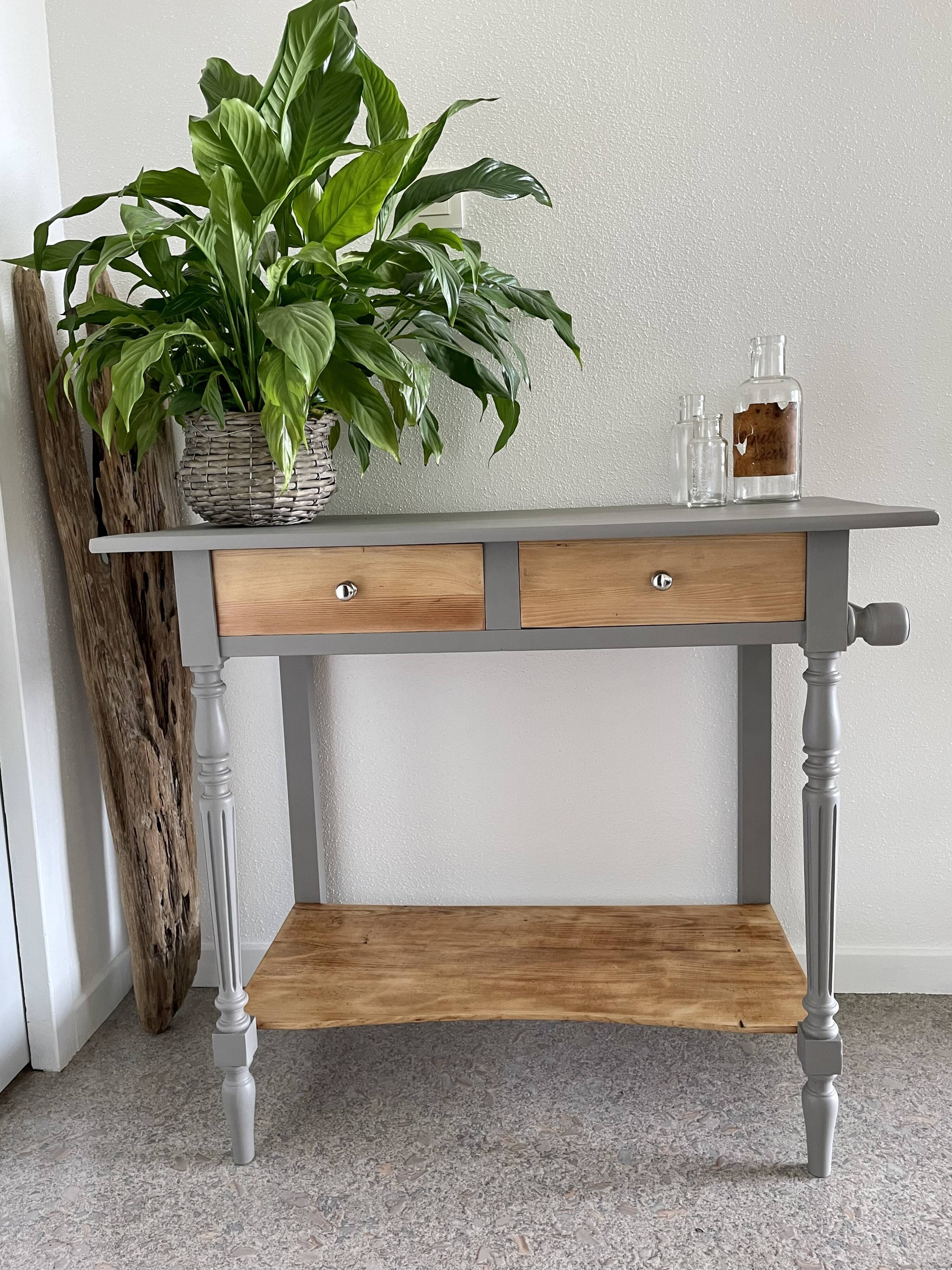 Coiffeuse bois, 2 tiroirs, gris taupe