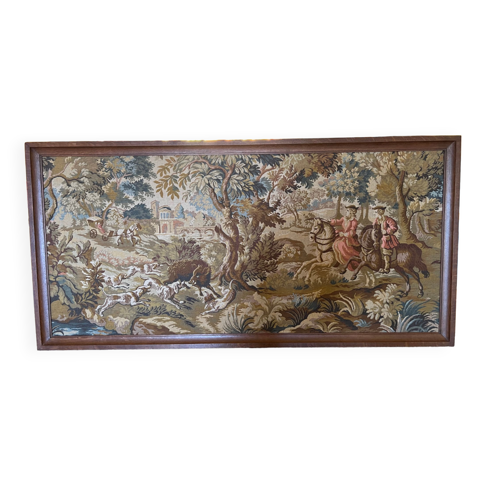Tapisserie murale scène de chasse avec joli cadre en bois