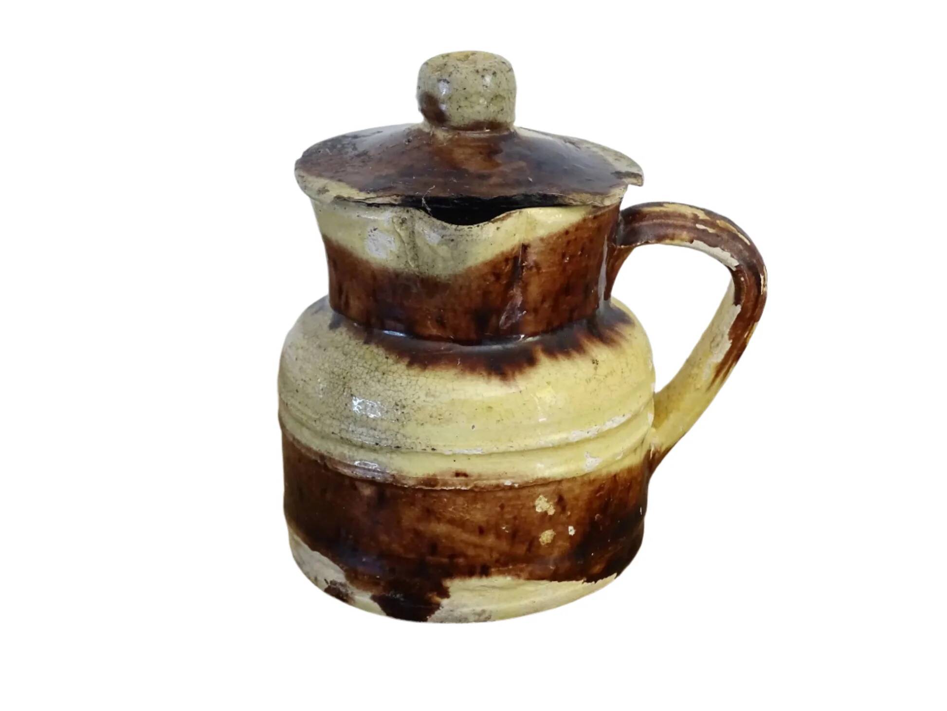 Petit pichet ancien français en céramique avec couvercle, provenant de Dieulefit