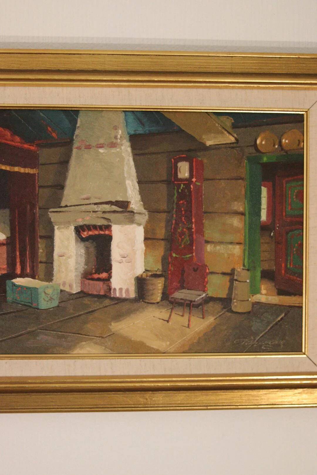 Huile sur toile suédoise originale du milieu du siècle – cheminée de cuisine