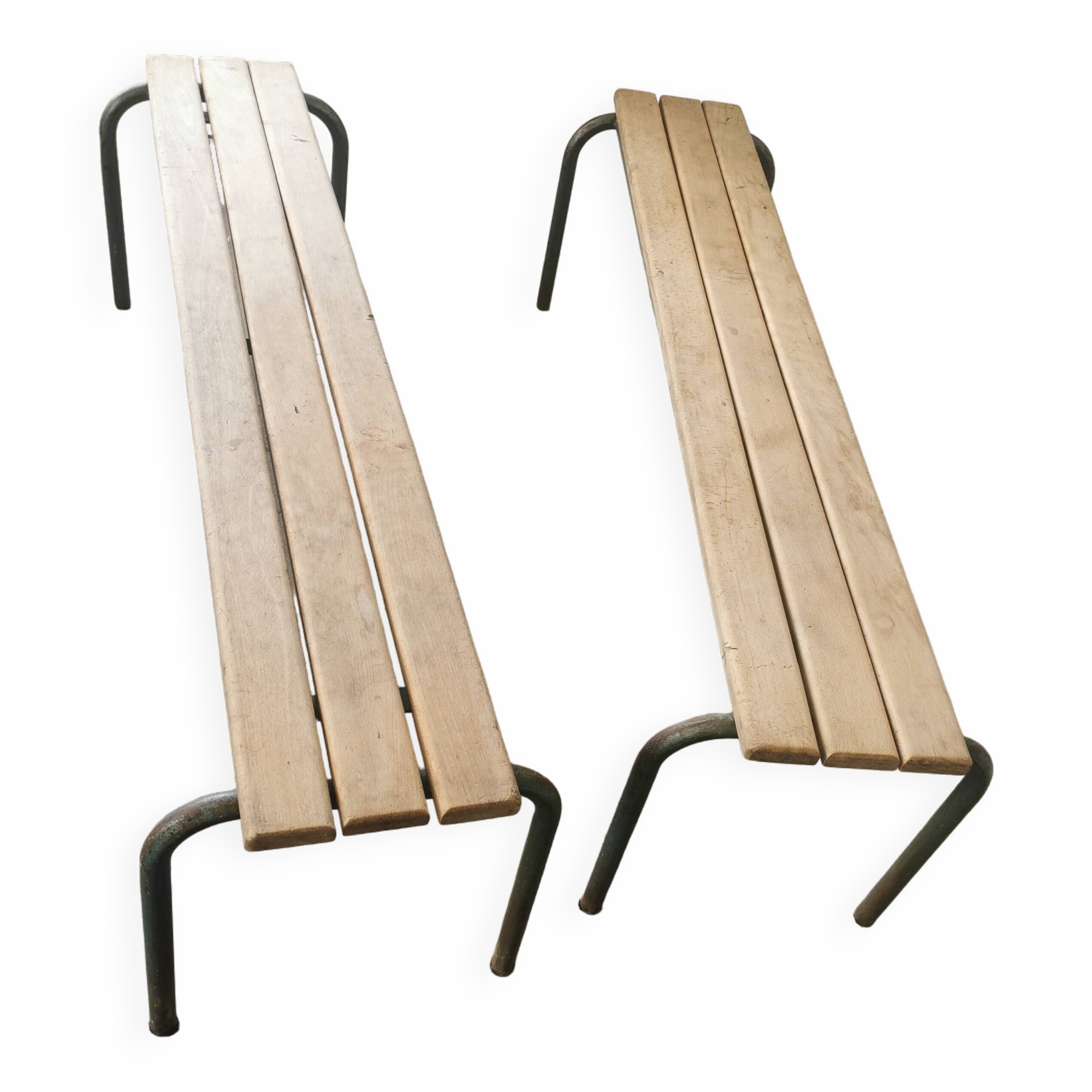 Pair of vintage metal and wood school benches