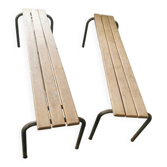 Paire de bancs d'école vintage métal et bois