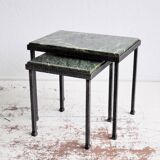 Green nesting coffee table with marble top and iron frame