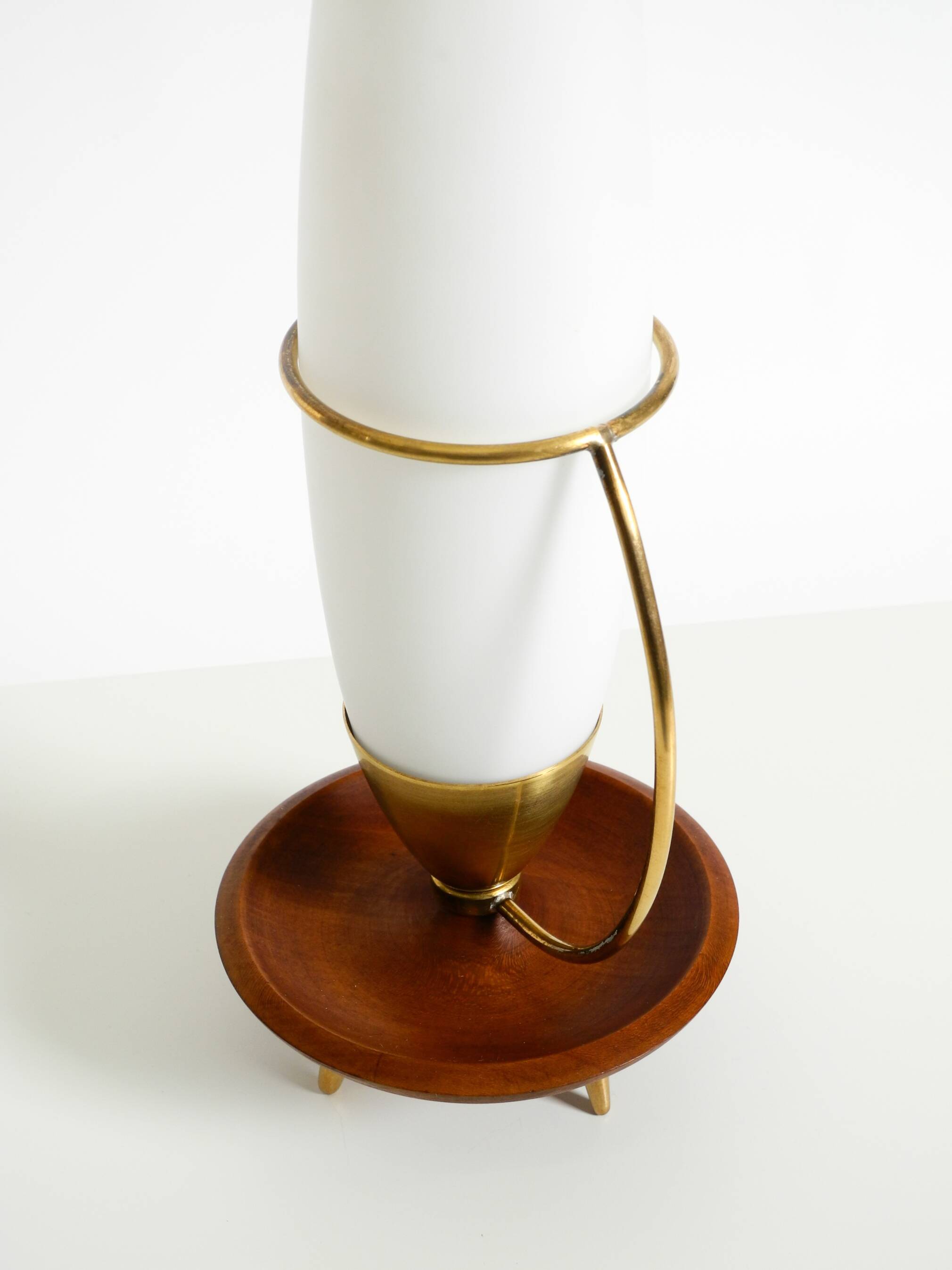 Large 1950s table lamp made of brass and teak, with a frosted glass shade