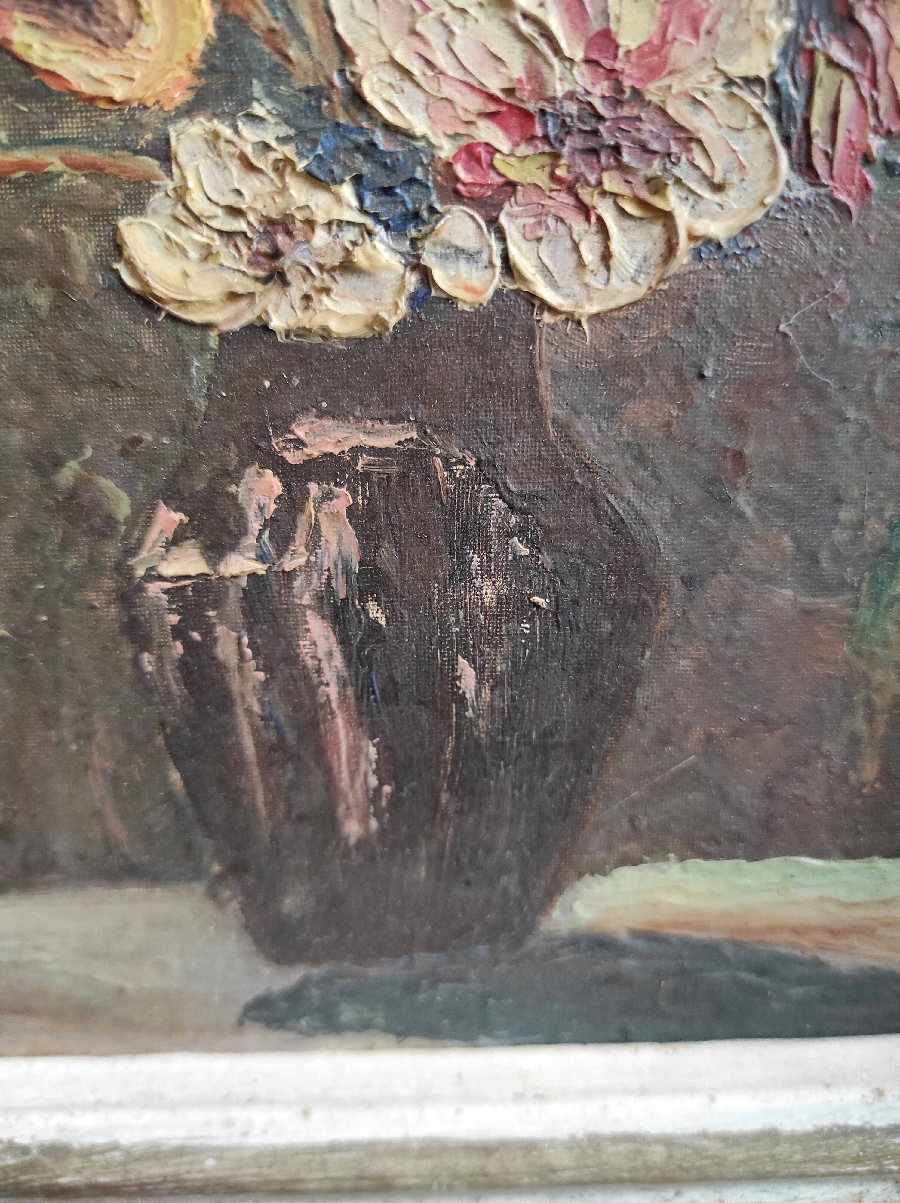 French vintage oil painting of flowers, signed A. Terrier