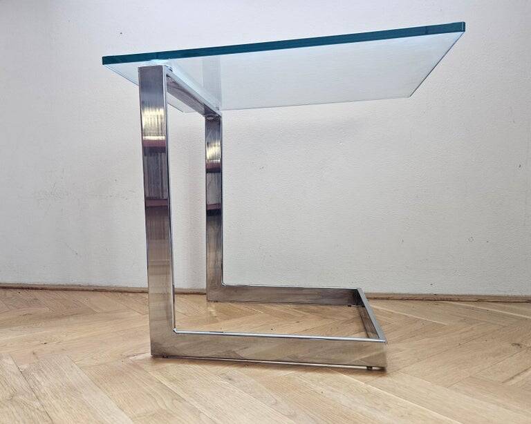 Midcentury Design Cantilevered Glass & Chrome Side Coffee Table, 1980s