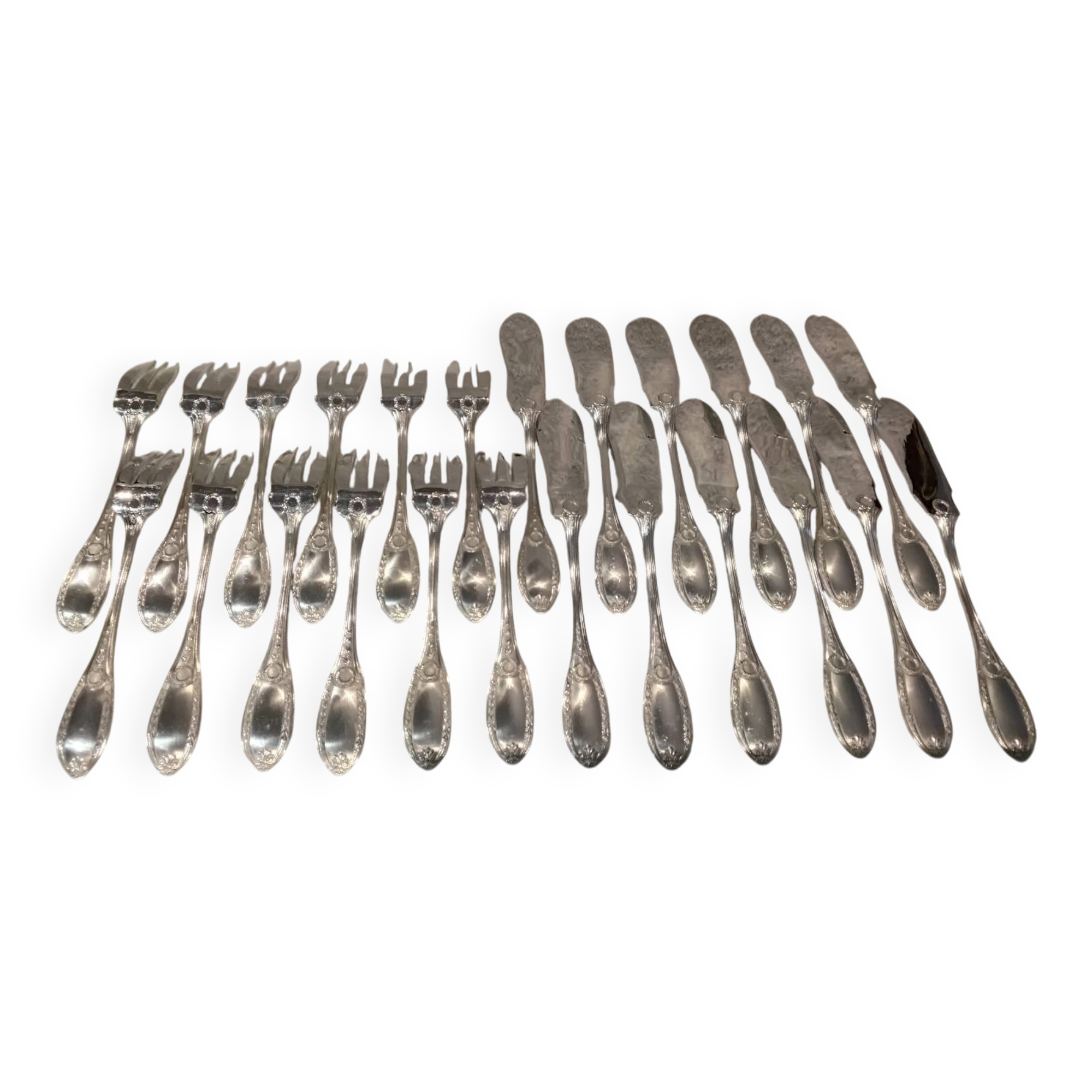12 forks and 12 fish knives, silver-plated metal, Apollo Empire