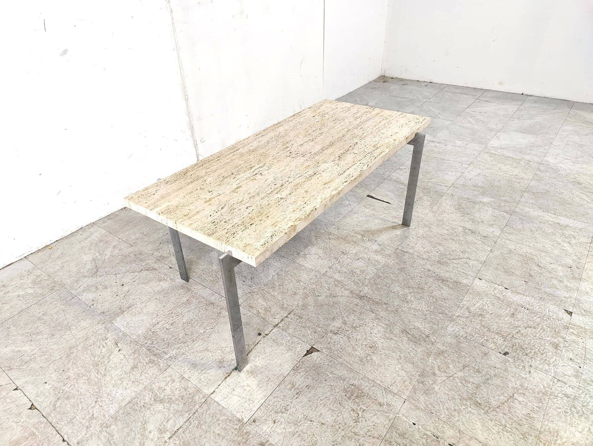 Table basse vintage en travertin et chrome, années 1970