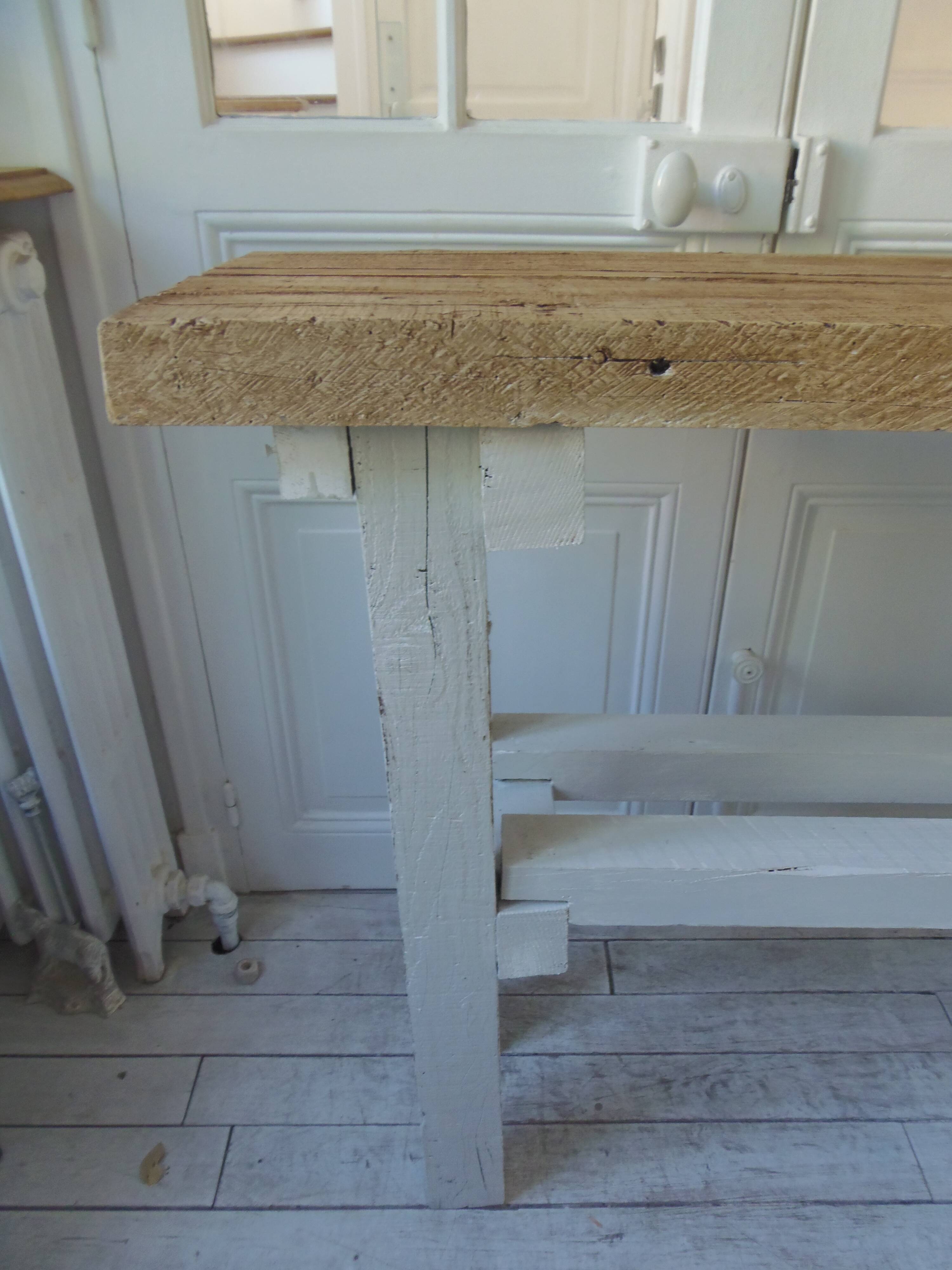 Vintage workbench with pearl gray patinated base and wooden top